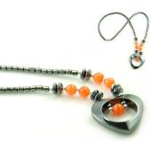 Orange Cat's Eye Opal Beads Hematite Heart Pendant Chain Choker Fashion Necklace